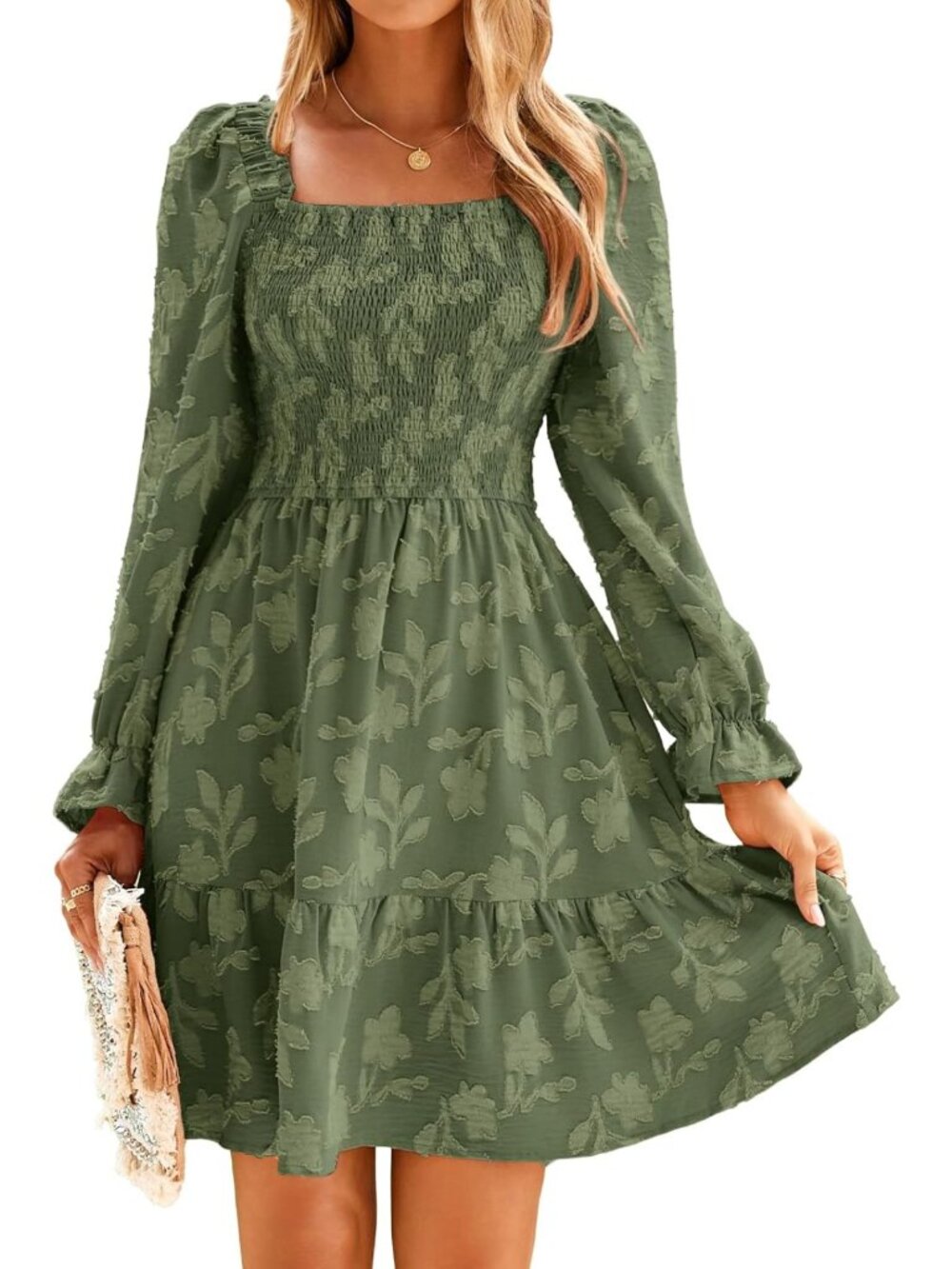 Square Neck Long Sleeve Mini Dress | Smocked Ruffle Fall Wedding Guest Outfit